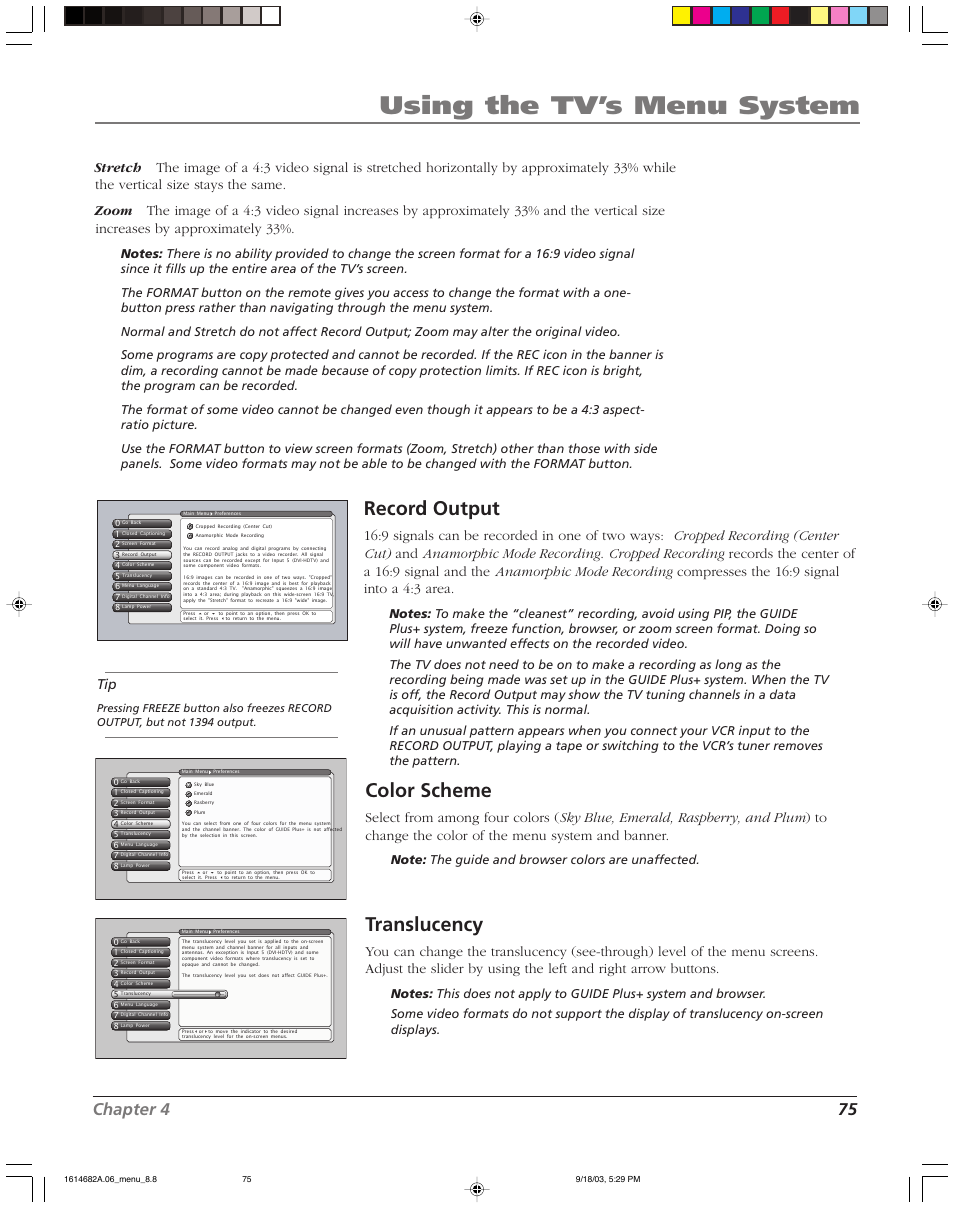 Using the tv’s menu system, Record output, Color scheme | Translucency, Chapter 4 75 | RCA SCENIUM HDLP50W151 User Manual | Page 77 / 96