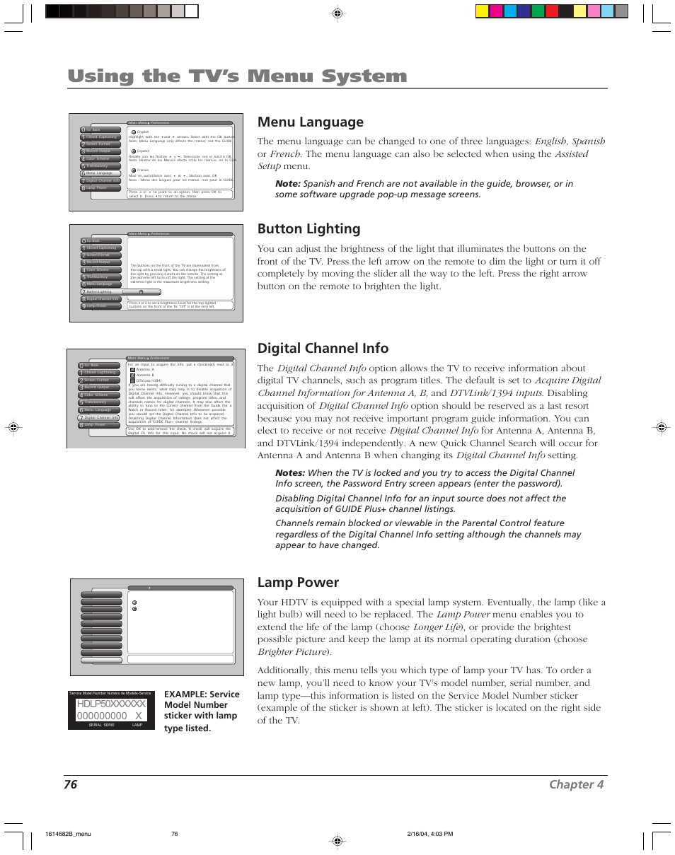 Using the tv’s menu system, Menu language, Button lighting | Digital channel info, Lamp power, 76 chapter 4 | RCA SCENIUM HDLP50W151 User Manual | Page 78 / 96