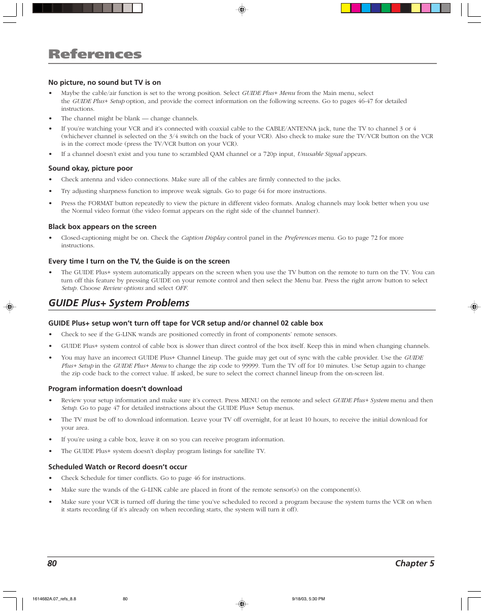 References, Guide plus+ system problems | RCA SCENIUM HDLP50W151 User Manual | Page 82 / 96