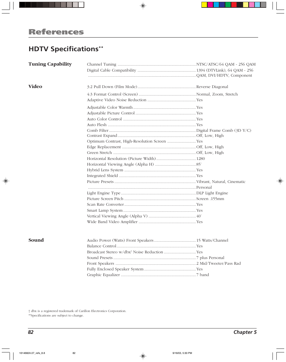 References, Hdtv specifications | RCA SCENIUM HDLP50W151 User Manual | Page 84 / 96