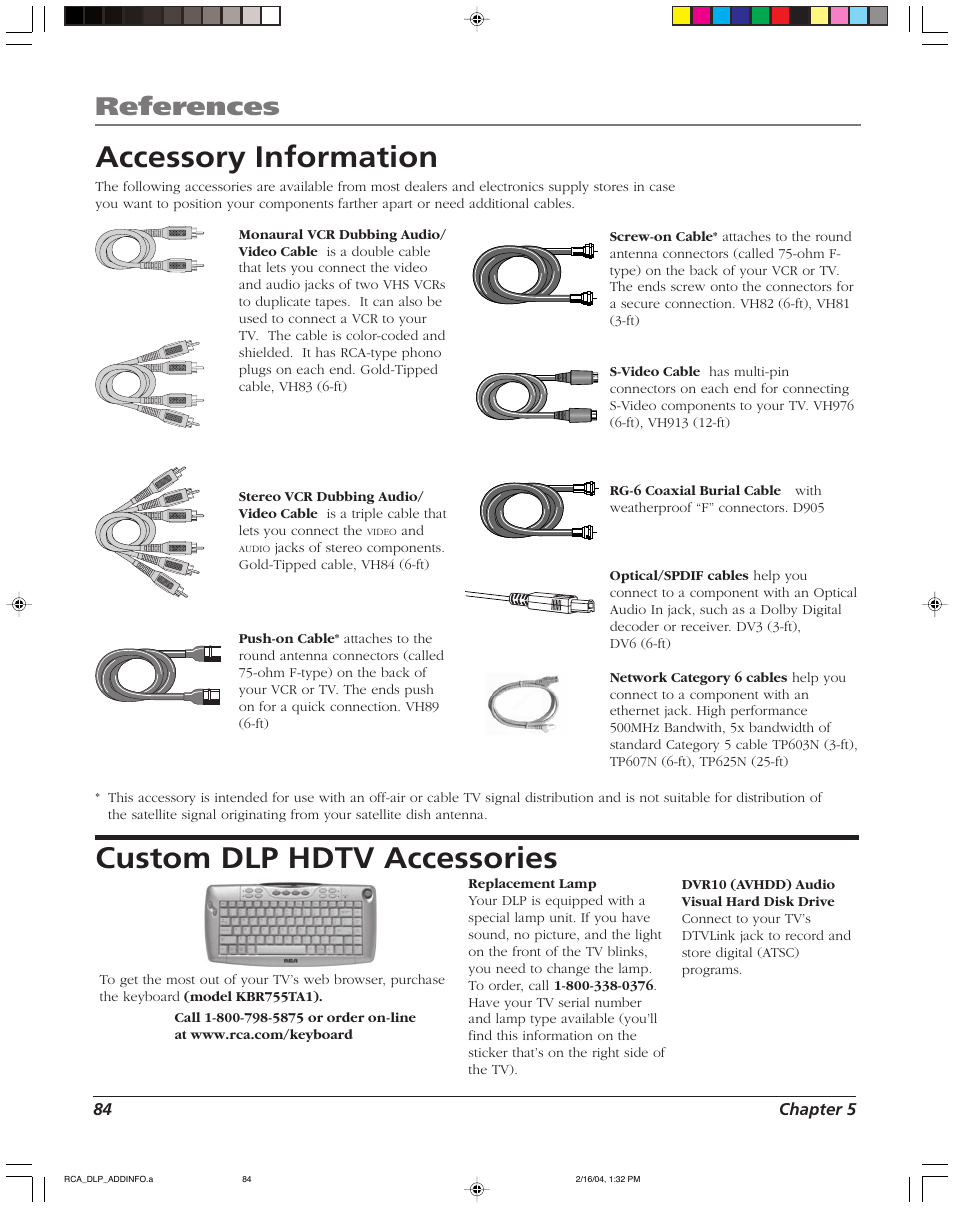 Accessory information, Custom dlp hdtv accessories, References | RCA SCENIUM HDLP50W151 User Manual | Page 86 / 96