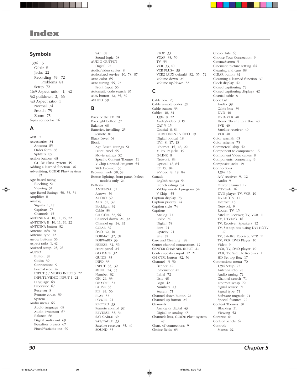 Index, 90 chapter 5 symbols | RCA SCENIUM HDLP50W151 User Manual | Page 92 / 96