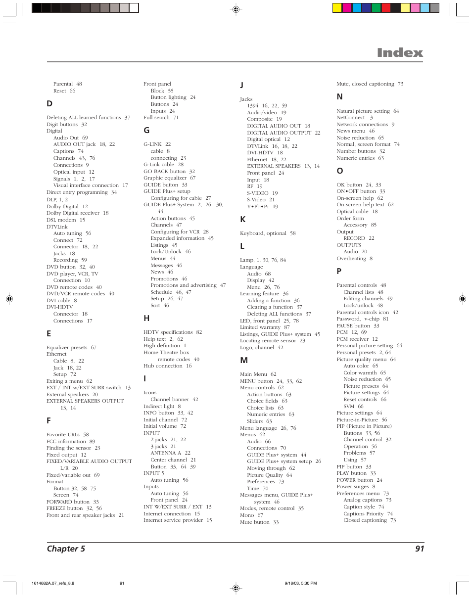 Index, Chapter 5 91 | RCA SCENIUM HDLP50W151 User Manual | Page 93 / 96