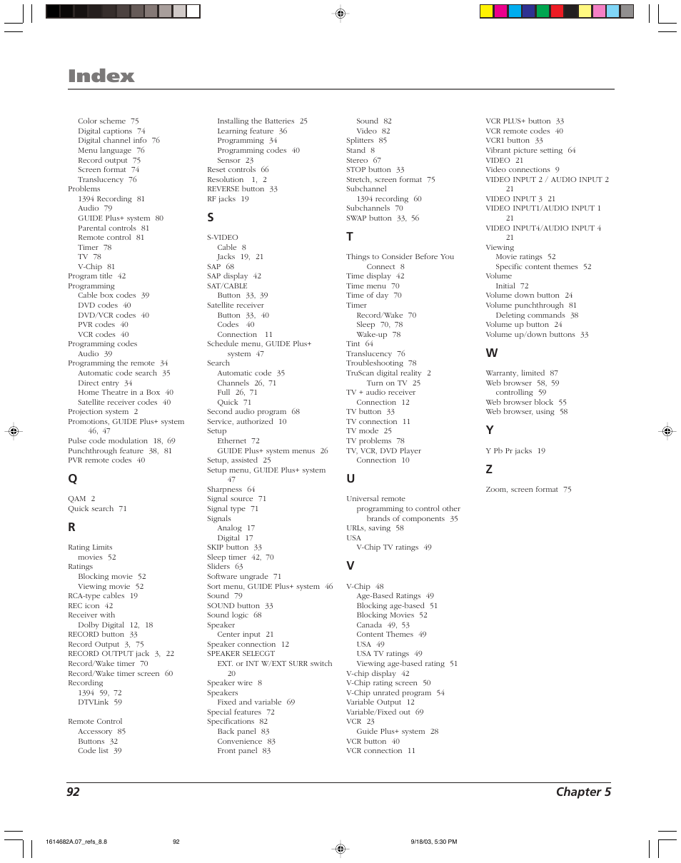 Index, 92 chapter 5 | RCA SCENIUM HDLP50W151 User Manual | Page 94 / 96