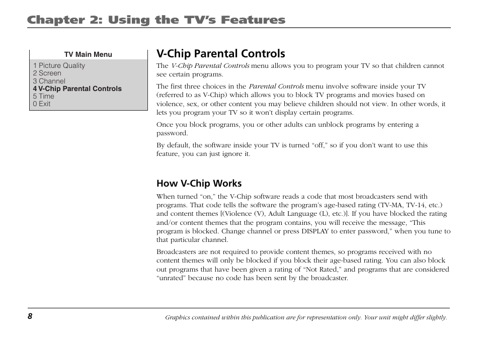 V-chip parental controls, How v-chip works, Chapter 2: using the tv’s features | RCA F19421 User Manual | Page 10 / 32