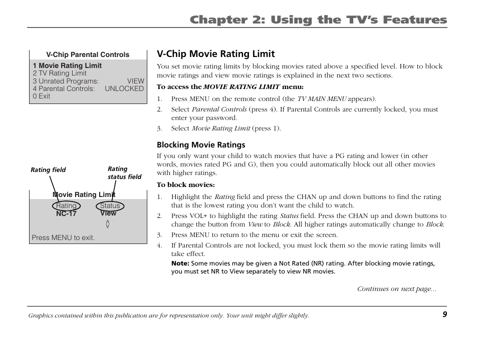 V-chip movie rating limit, Chapter 2: using the tv’s features | RCA F19421 User Manual | Page 11 / 32