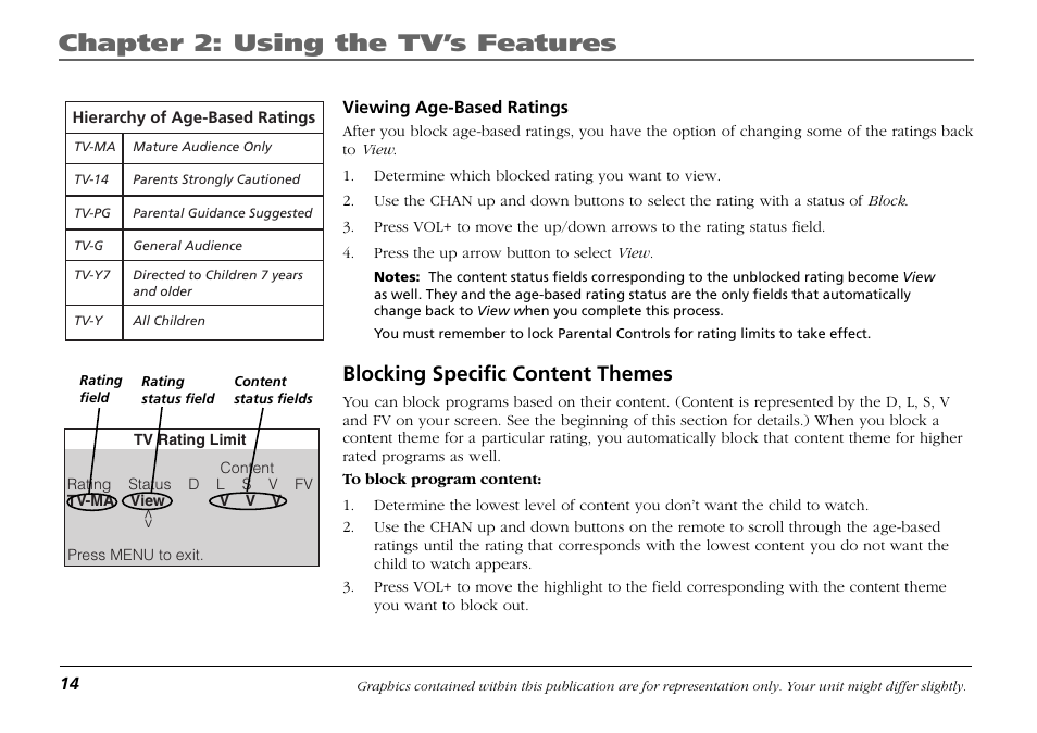 Blocking specific content themes, Chapter 2: using the tv’s features | RCA F19421 User Manual | Page 16 / 32