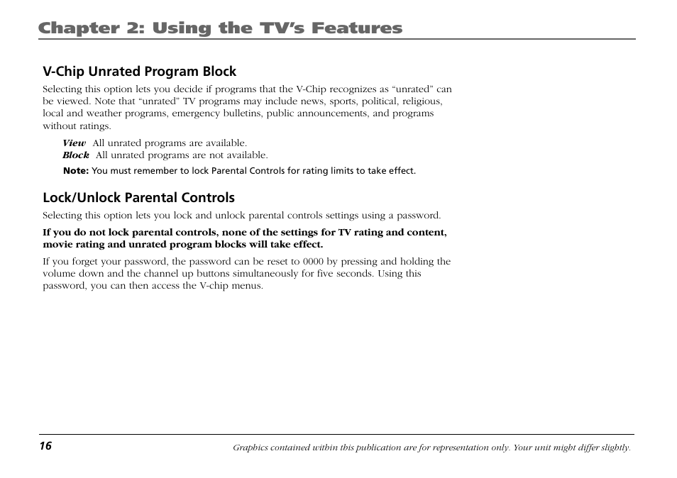 V-chip unrated program block, Lock/unlock parental controls, Chapter 2: using the tv’s features | RCA F19421 User Manual | Page 18 / 32