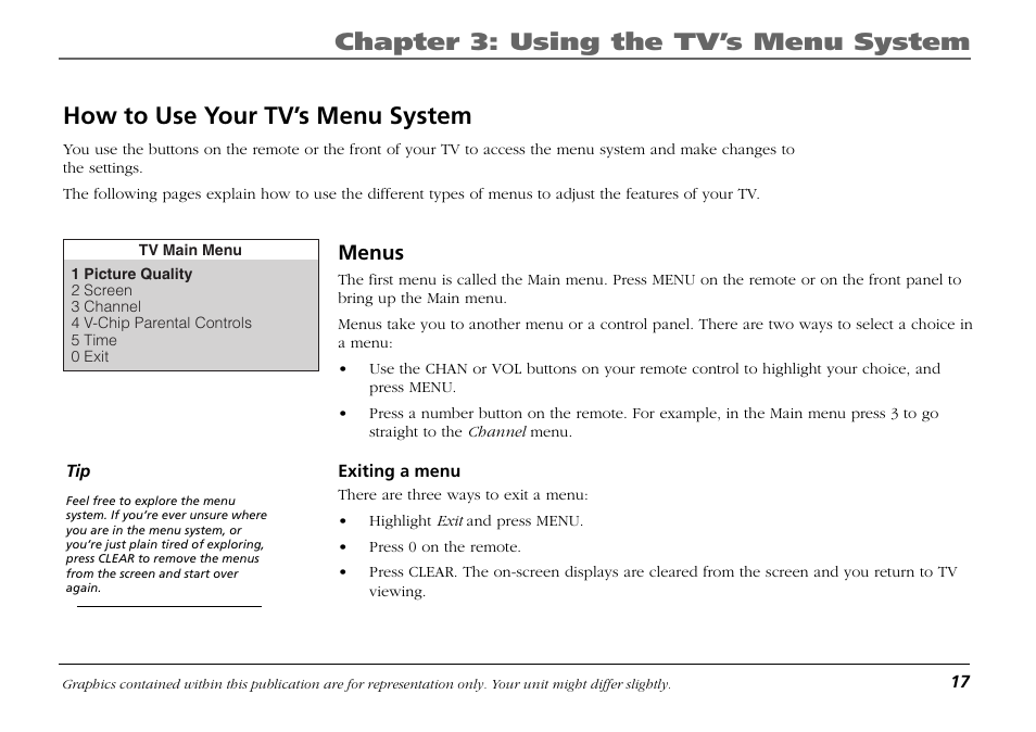 How to use your tv’s menu system, Chapter 3: using the tv’s menu system, Menus | RCA F19421 User Manual | Page 19 / 32