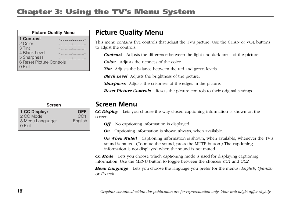 Picture quality menu, Screen menu, Picture quality menu screen menu | Chapter 3: using the tv’s menu system | RCA F19421 User Manual | Page 20 / 32