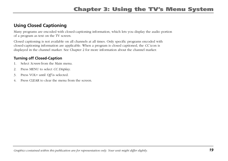 Using closed captioning, Chapter 3: using the tv’s menu system | RCA F19421 User Manual | Page 21 / 32