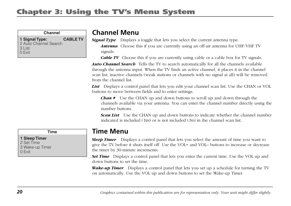 Channel menu, Time menu, Channel menu time menu | Chapter 3: using the tv’s menu system | RCA F19421 User Manual | Page 22 / 32