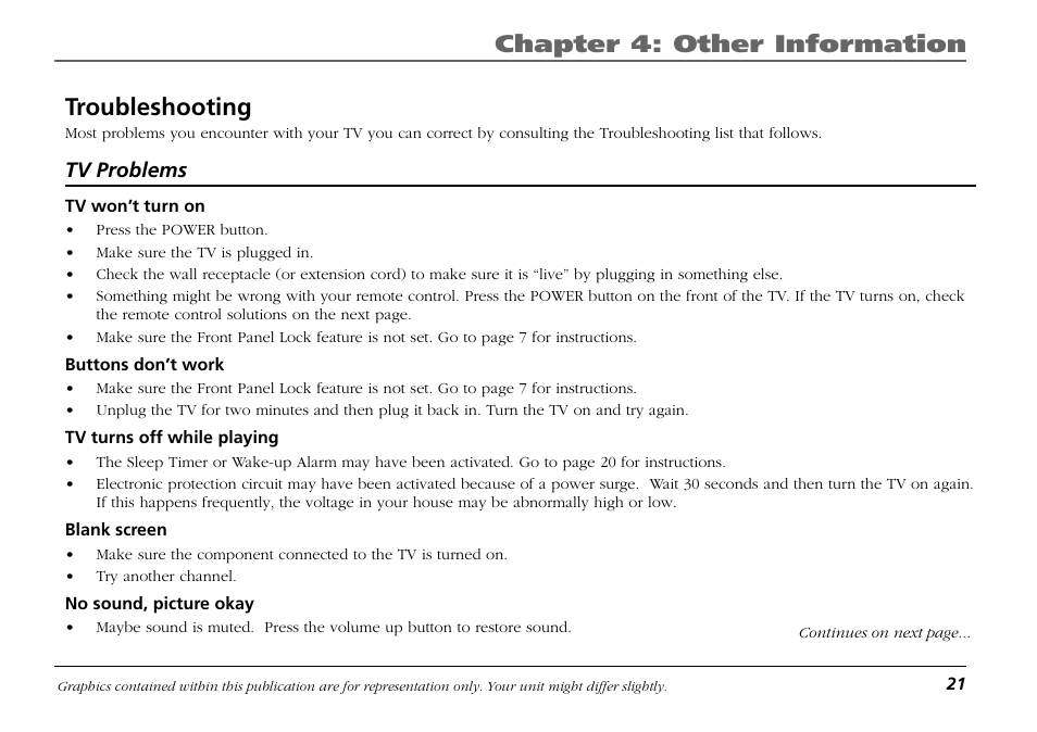 Troubleshooting, Tv problems, Chapter 4: other information | RCA F19421 User Manual | Page 23 / 32
