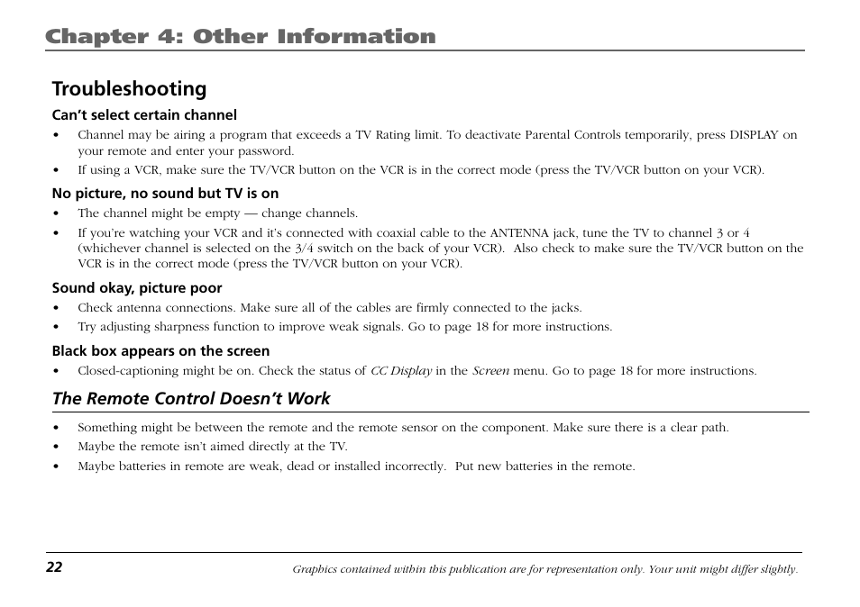 The remote control doesn’t work, Chapter 4: other information, Troubleshooting | RCA F19421 User Manual | Page 24 / 32