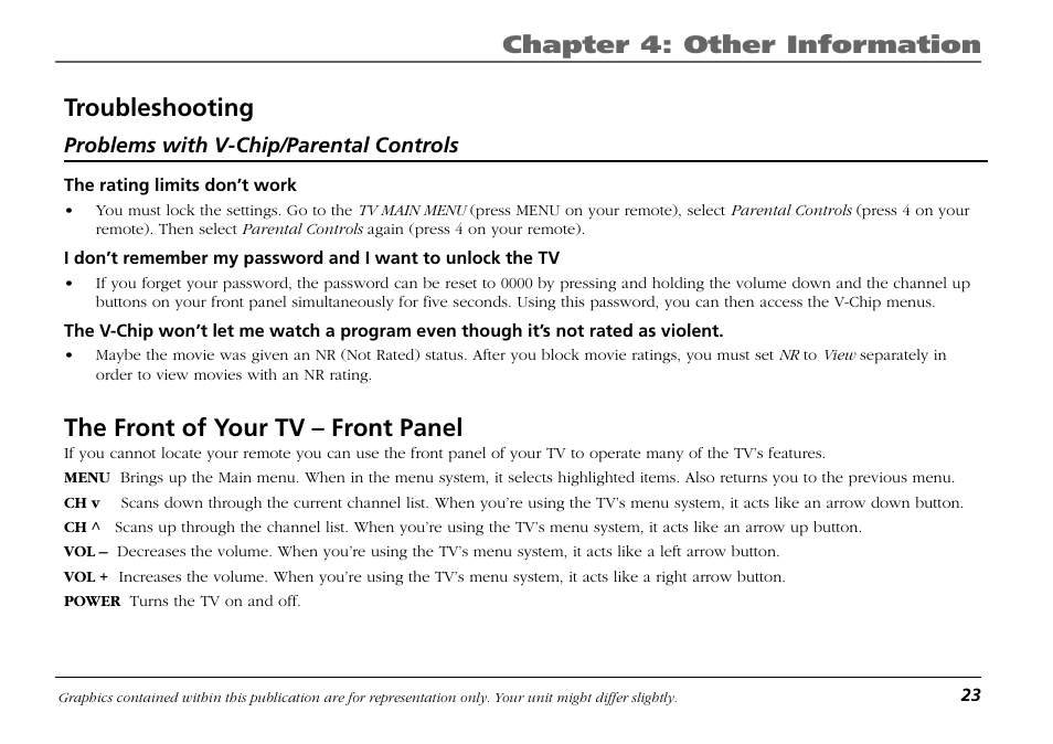 Problems with v-chip/parental controls, The front of your tv – front panel, Chapter 4: other information | Troubleshooting | RCA F19421 User Manual | Page 25 / 32