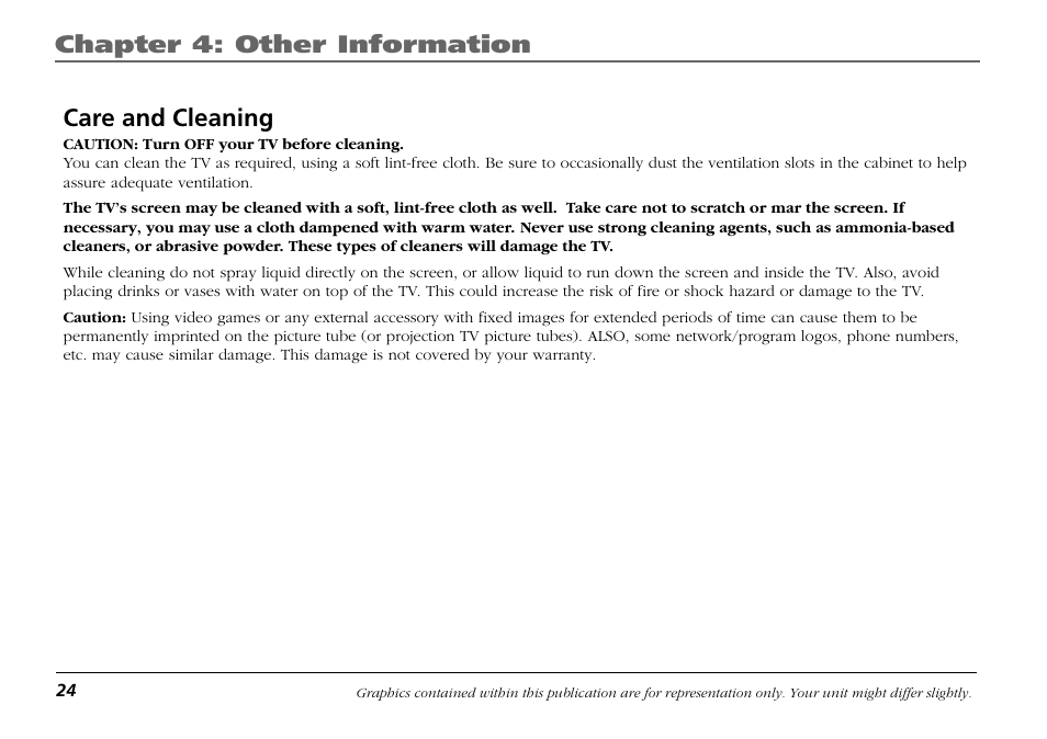 Care and cleaning, Chapter 4: other information | RCA F19421 User Manual | Page 26 / 32