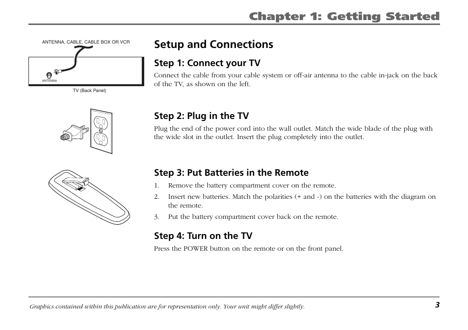 Setup and connections, Step 1: connect your tv, Step 2: plug in the tv | Step 3: put batteries in the remote, Step 4: turn on the tv 3, Chapter 1: getting started, Step 4: turn on the tv | RCA F19421 User Manual | Page 5 / 32