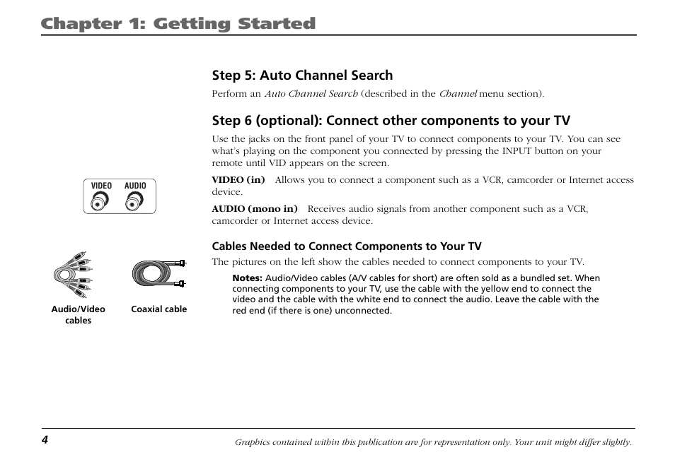 Step 5: auto channel search, Step 6 (optional): connect other components, Chapter 1: getting started | RCA F19421 User Manual | Page 6 / 32