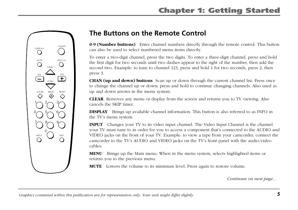 The buttons on the remote control, Chapter 1: getting started | RCA F19421 User Manual | Page 7 / 32