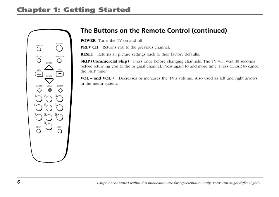 Chapter 1: getting started, The buttons on the remote control (continued) | RCA F19421 User Manual | Page 8 / 32