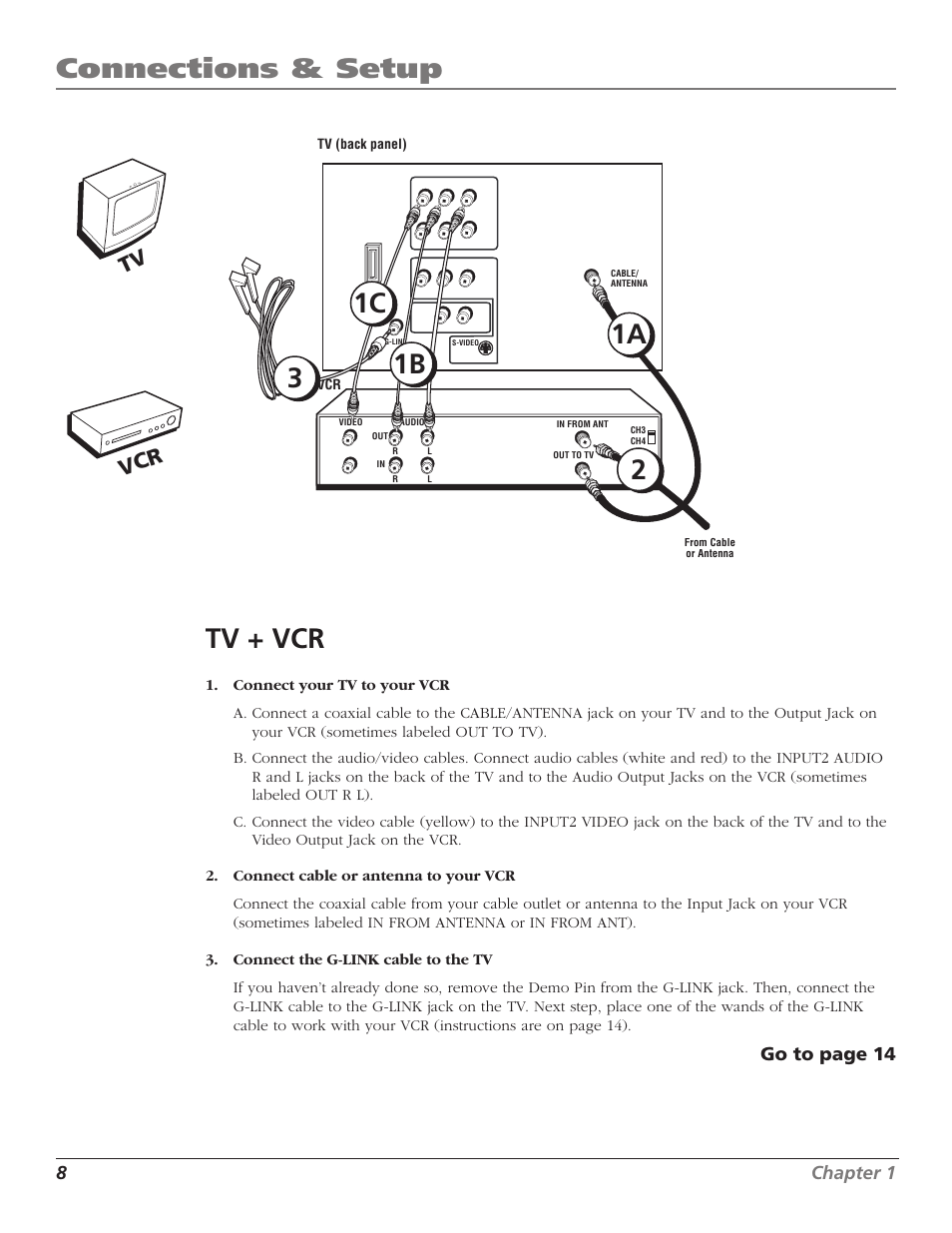 Connections & setup, 8chapter 1, Go to page 14 | RCA F27TF720 User Manual | Page 10 / 64