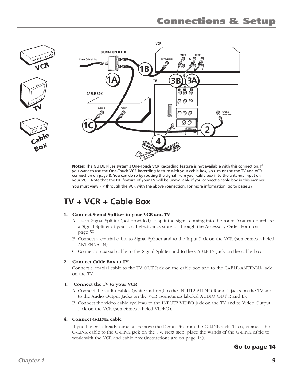 Connections & setup, Tv + vcr + cable box, Tv ca ble bo x vcr | Chapter 1 9, Go to page 14 | RCA F27TF720 User Manual | Page 11 / 64