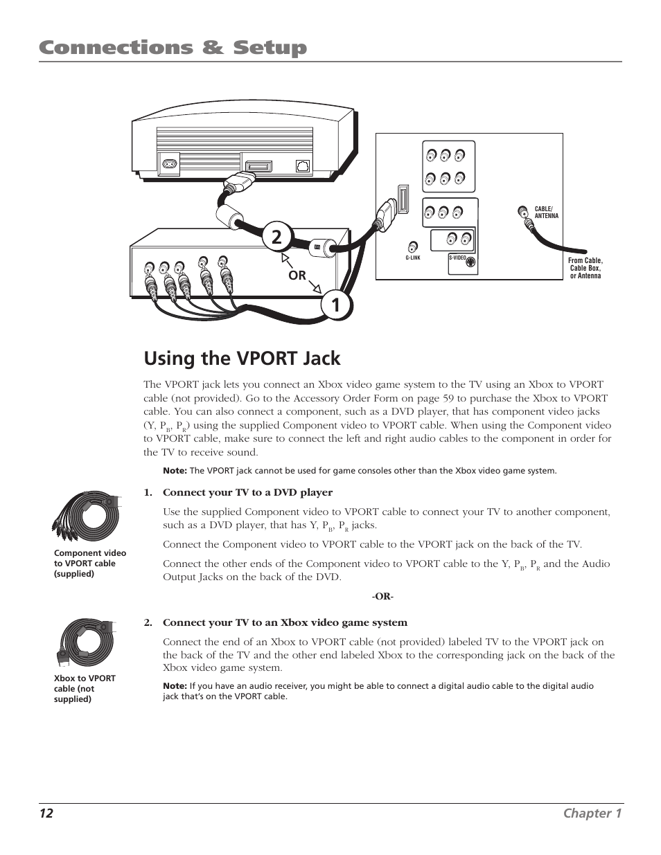 Connections & setup, 12 using the vport jack, 12 chapter 1 | RCA F27TF720 User Manual | Page 14 / 64