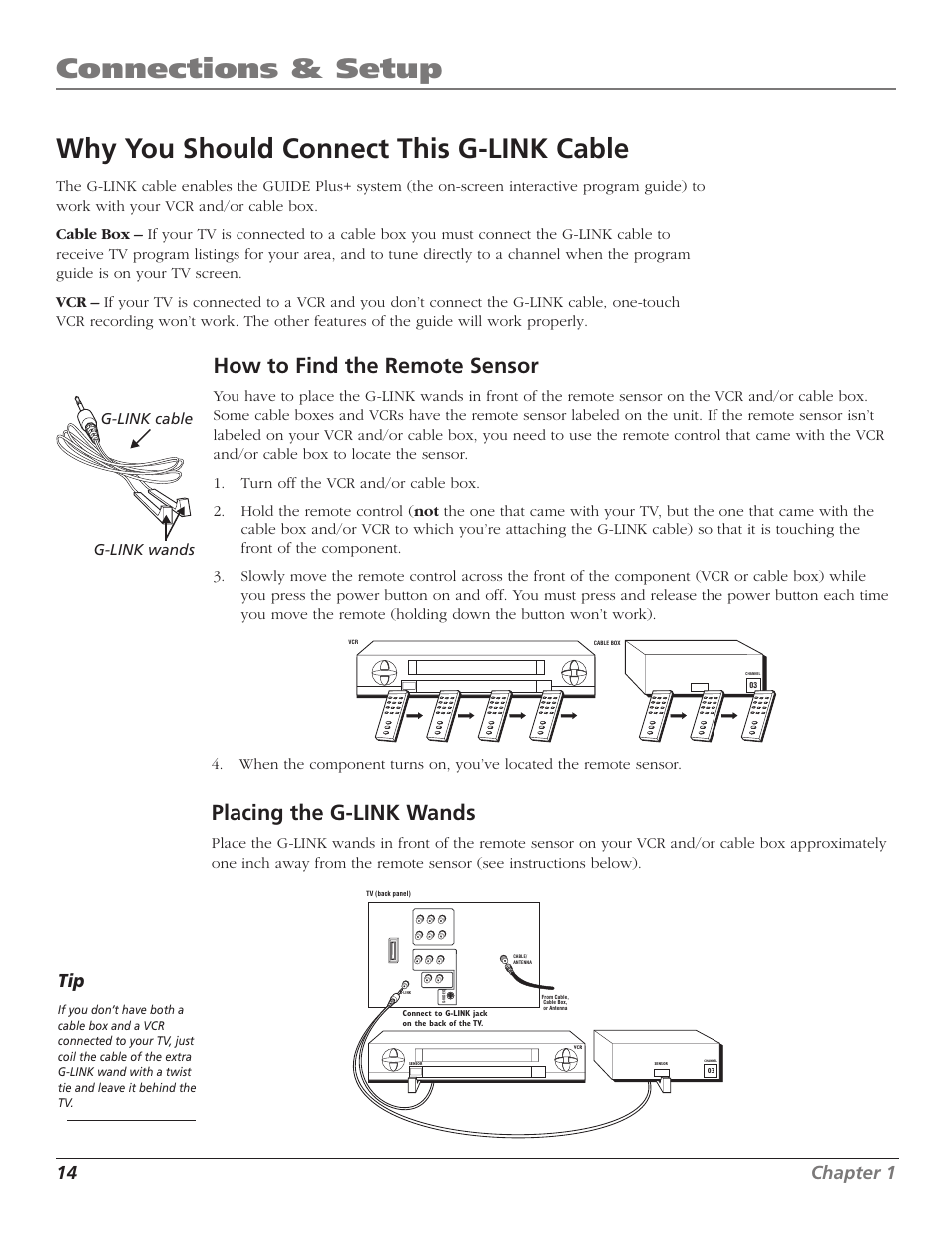 Connections & setup, Why you should connect this g-link cable, How to find the remote sensor | Placing the g-link wands, 14 chapter 1, G-link wands g-link cable | RCA F27TF720 User Manual | Page 16 / 64