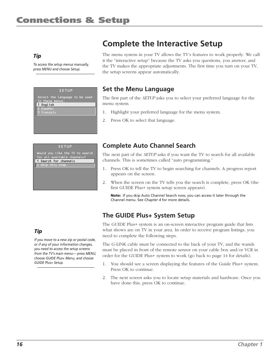 Connections & setup, Complete the interactive setup, Set the menu language | Complete auto channel search, The guide plus+ system setup | RCA F27TF720 User Manual | Page 18 / 64