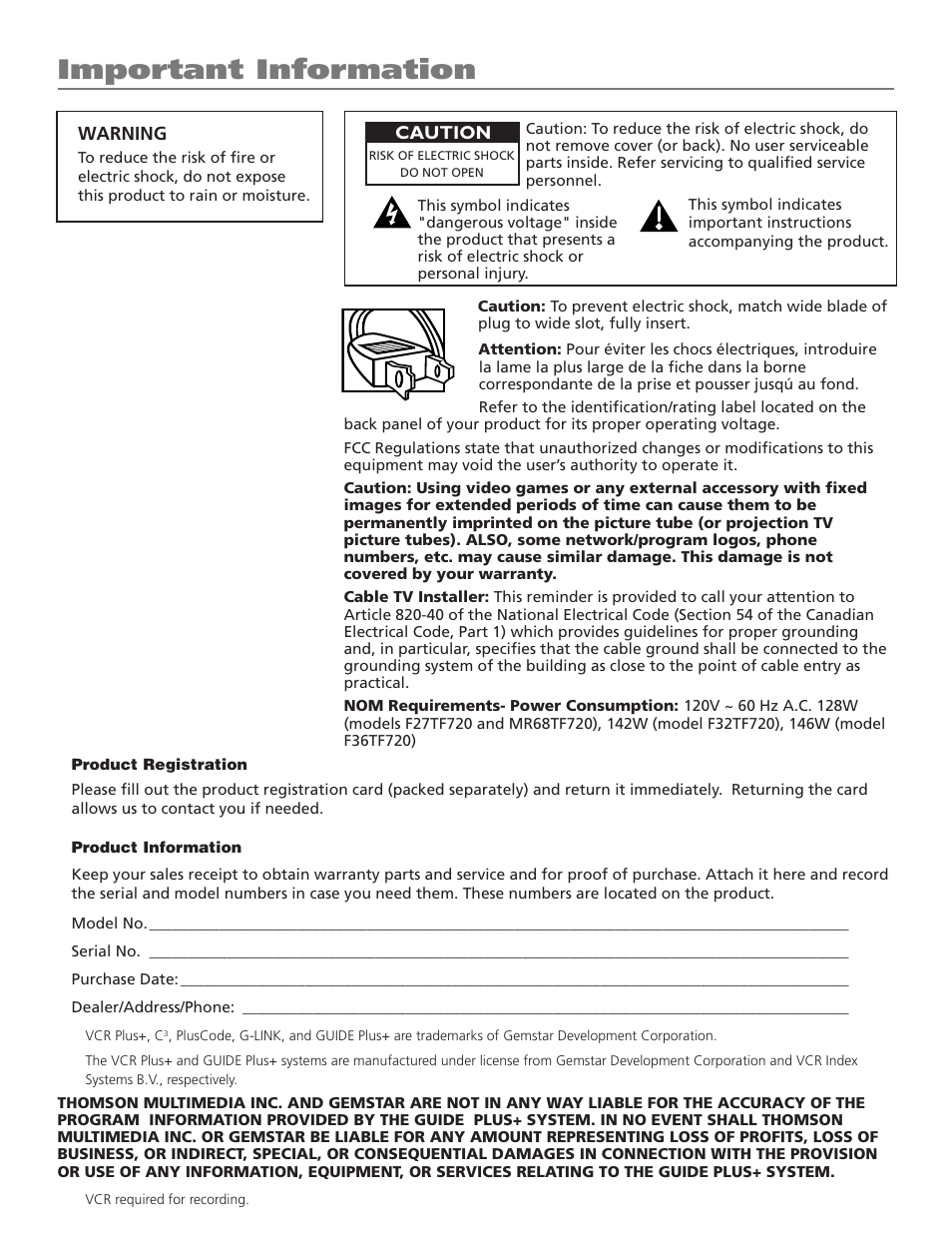 Important information | RCA F27TF720 User Manual | Page 2 / 64