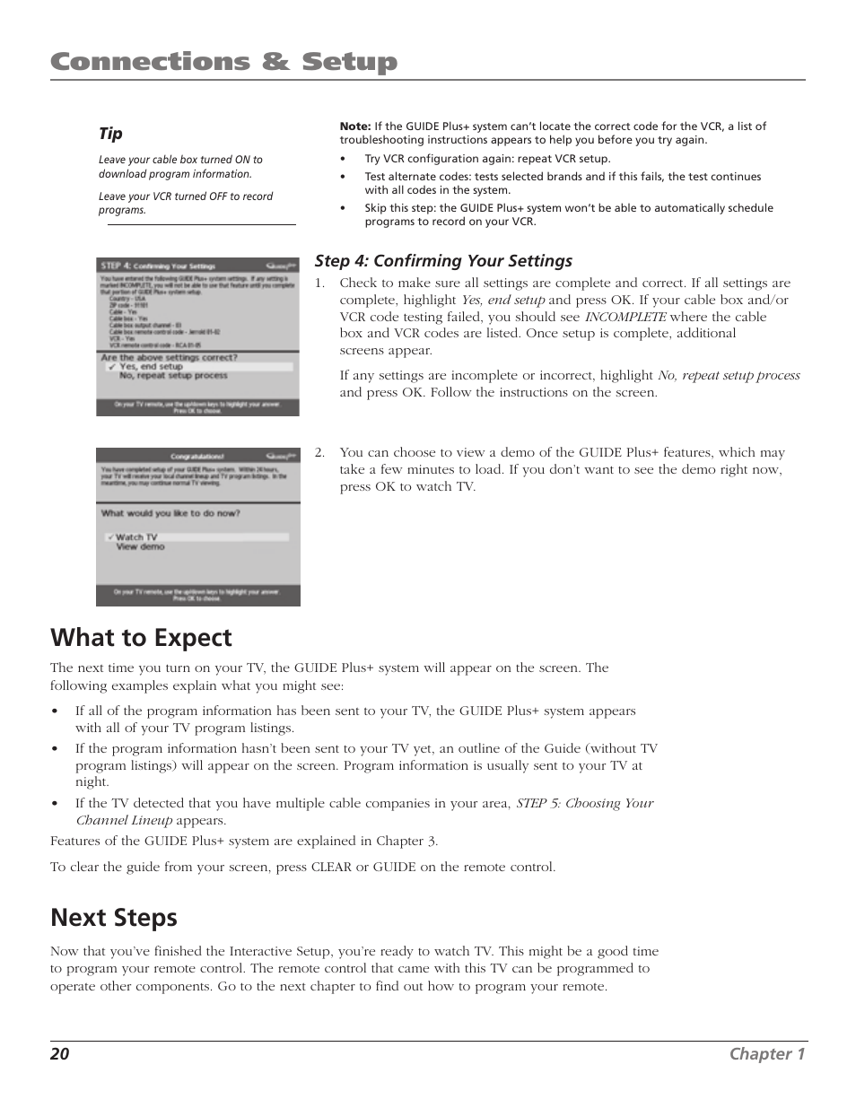 Connections & setup, What to expect, Next steps | RCA F27TF720 User Manual | Page 22 / 64