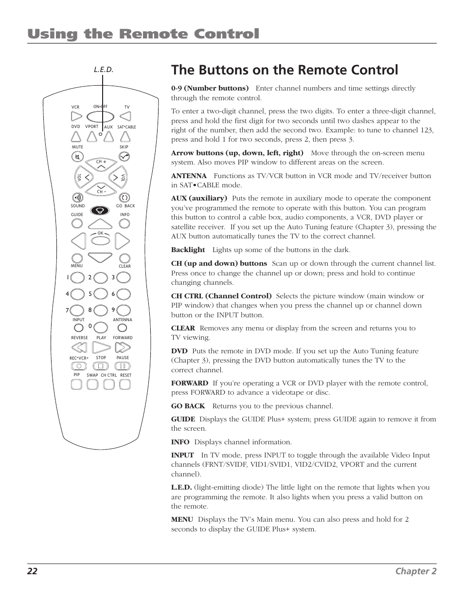 Using the remote control, The buttons on the remote control, 22 chapter 2 | RCA F27TF720 User Manual | Page 24 / 64