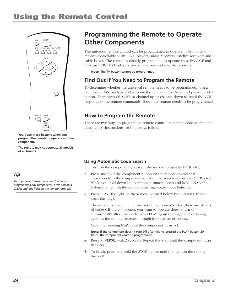 Using the remote control, Programming the remote to operate other components, Find out if you need to program the remote | How to program the remote, 24 chapter 2, Using automatic code search | RCA F27TF720 User Manual | Page 26 / 64