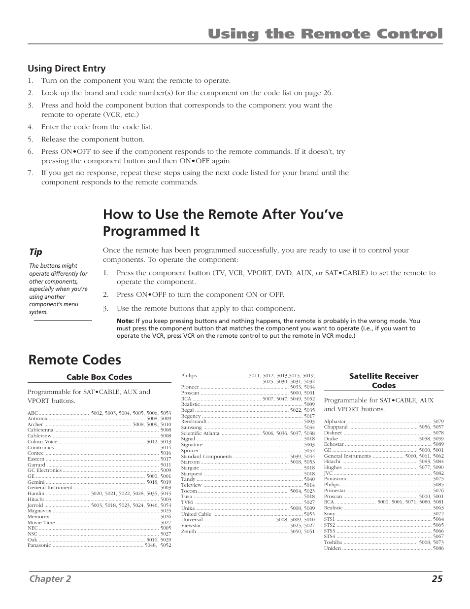 Using the remote control, How to use the remote after you’ve programmed it, Remote codes | RCA F27TF720 User Manual | Page 27 / 64