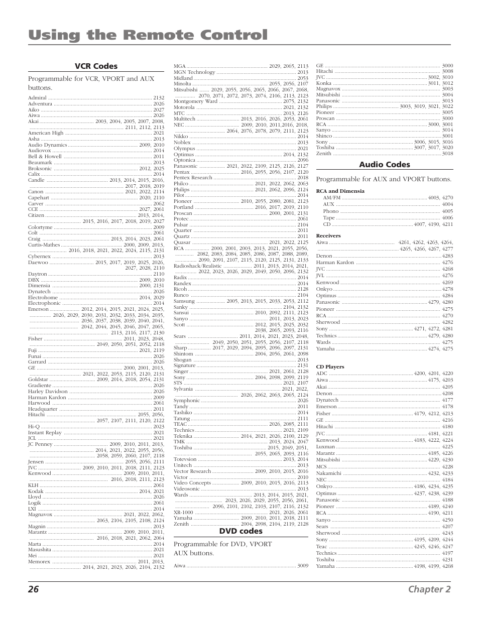 Using the remote control, 26 chapter 2, Vcr codes | Dvd codes, Audio codes | RCA F27TF720 User Manual | Page 28 / 64