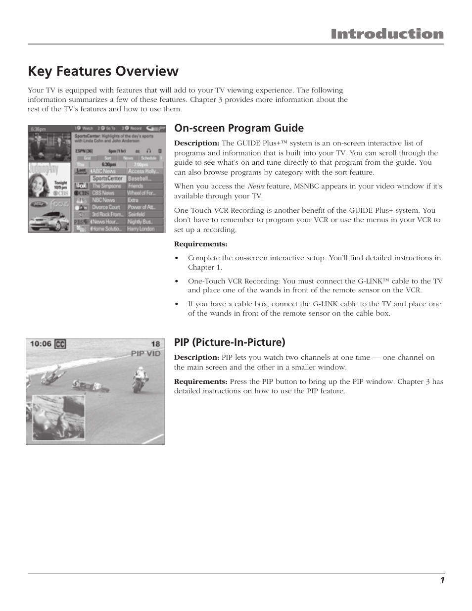 Introduction, Key features overview, On-screen program guide | Pip (picture-in-picture) | RCA F27TF720 User Manual | Page 3 / 64