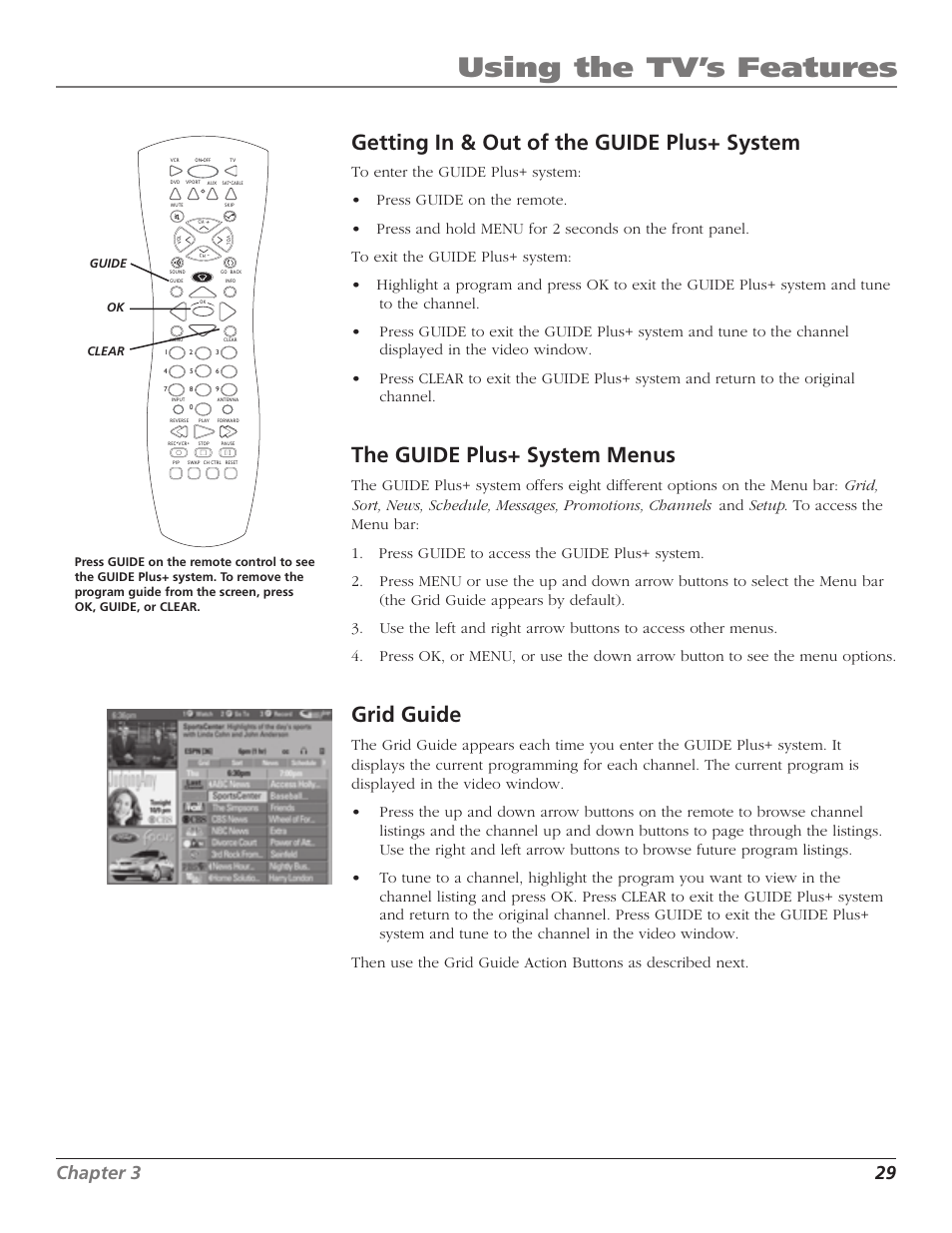 Using the tv’s features, Getting in & out of the guide plus+ system, The guide plus+ system menus | Grid guide, Chapter 3 29 | RCA F27TF720 User Manual | Page 31 / 64