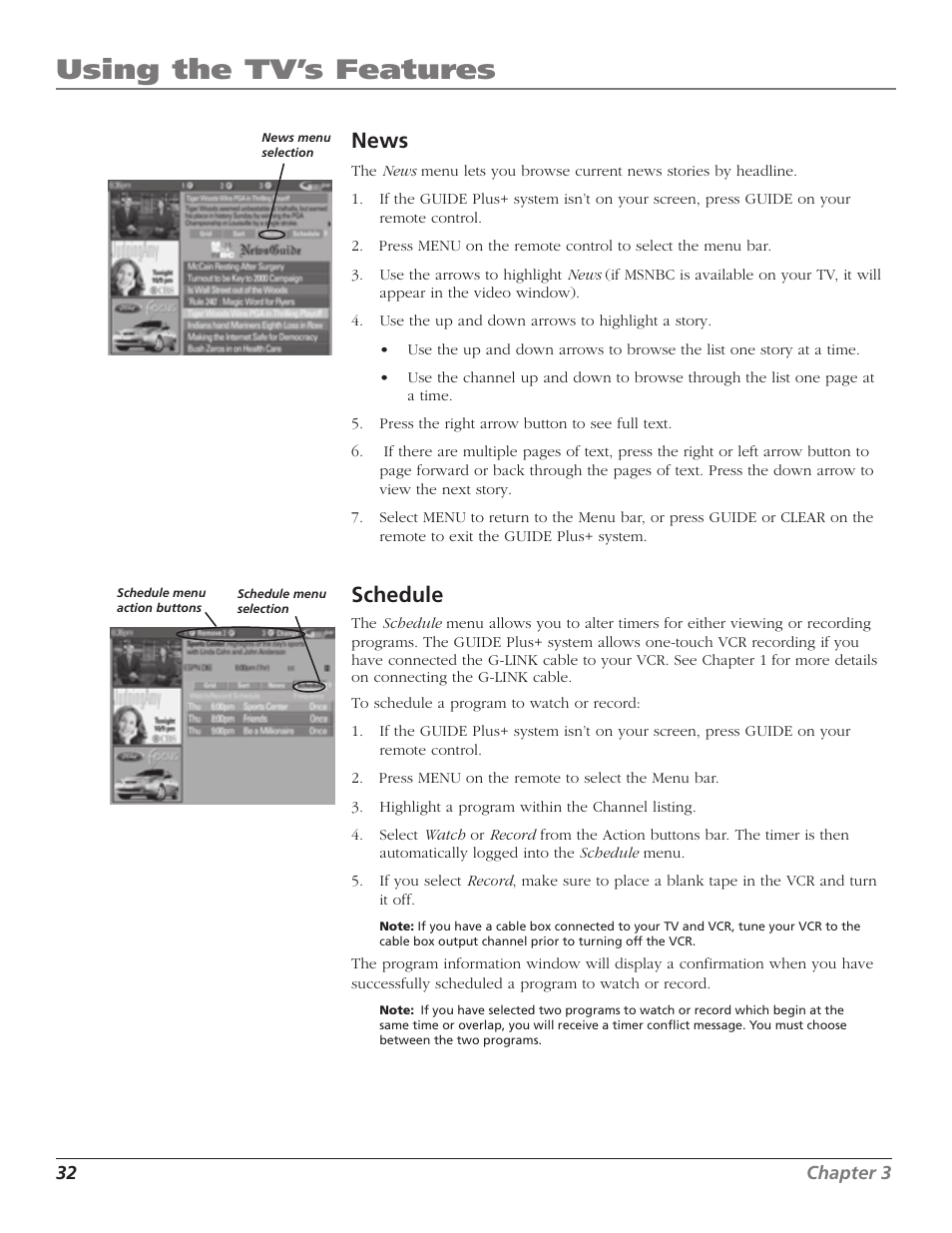 Using the tv’s features, News, Schedule | RCA F27TF720 User Manual | Page 34 / 64