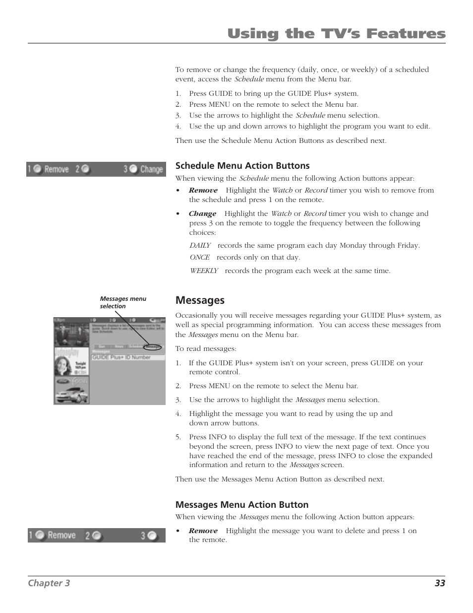 Using the tv’s features, Messages | RCA F27TF720 User Manual | Page 35 / 64