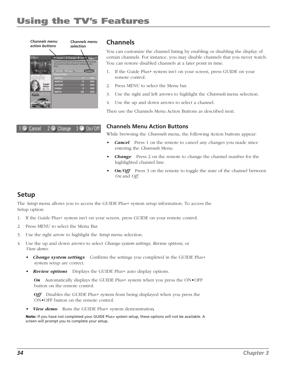 Using the tv’s features, Channels, Setup | RCA F27TF720 User Manual | Page 36 / 64