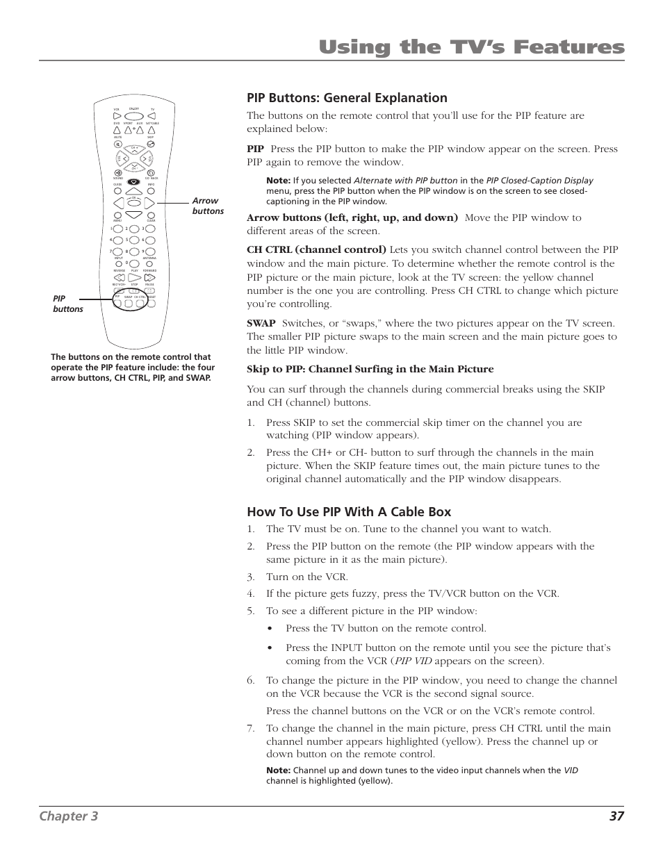 Using the tv’s features, Chapter 3 37, Pip buttons: general explanation | How to use pip with a cable box | RCA F27TF720 User Manual | Page 39 / 64