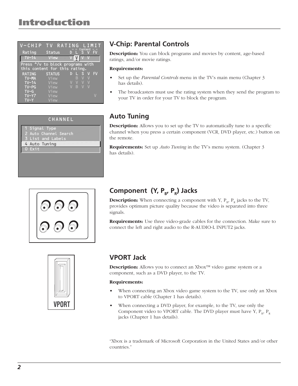 Introduction, Vport, V-chip: parental controls | Auto tuning, Component (y, p, Jacks, Vport jack | RCA F27TF720 User Manual | Page 4 / 64