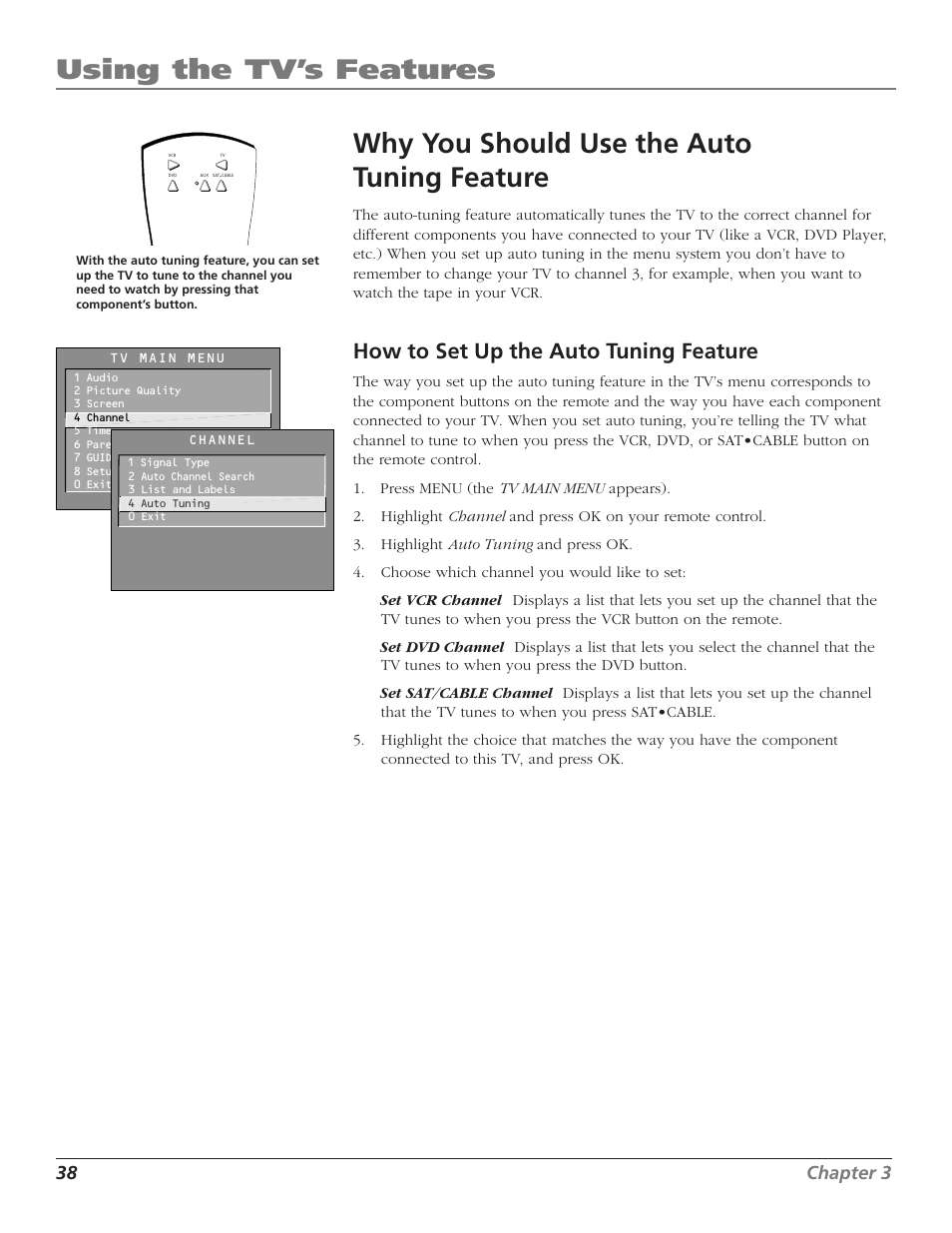 Using the tv’s features, Why you should use the auto tuning feature, How to set up the auto tuning feature | 38 chapter 3 | RCA F27TF720 User Manual | Page 40 / 64