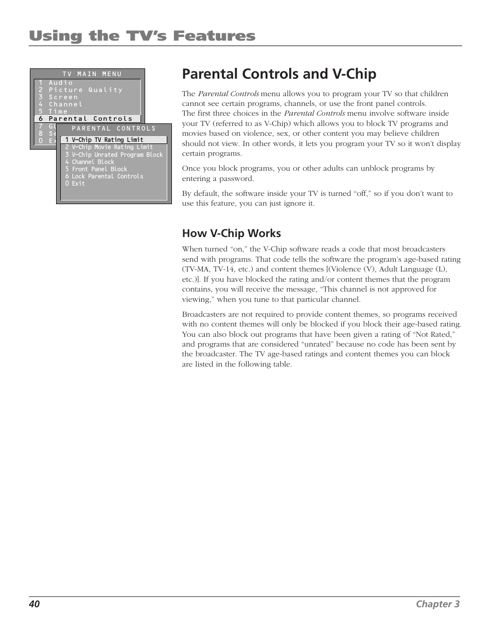 Using the tv’s features, Parental controls and v-chip, How v-chip works | RCA F27TF720 User Manual | Page 42 / 64