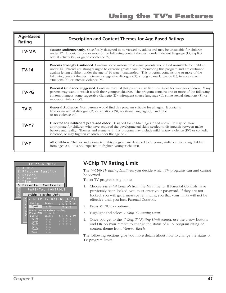 Using the tv’s features, V-chip tv rating limit, Chapter 3 41 | RCA F27TF720 User Manual | Page 43 / 64