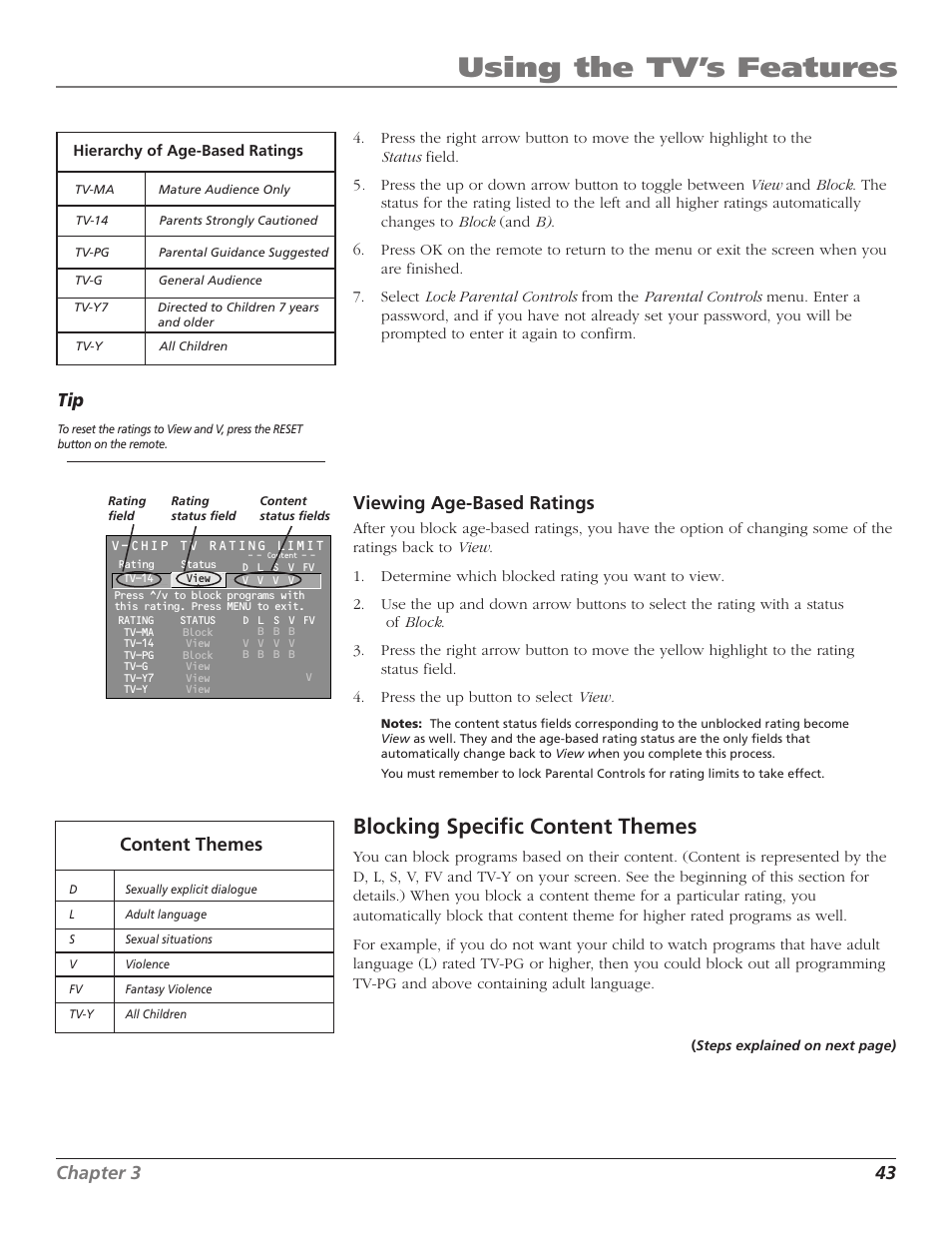 Using the tv’s features, Blocking specific content themes, Chapter 3 43 | Viewing age-based ratings, Content themes | RCA F27TF720 User Manual | Page 45 / 64