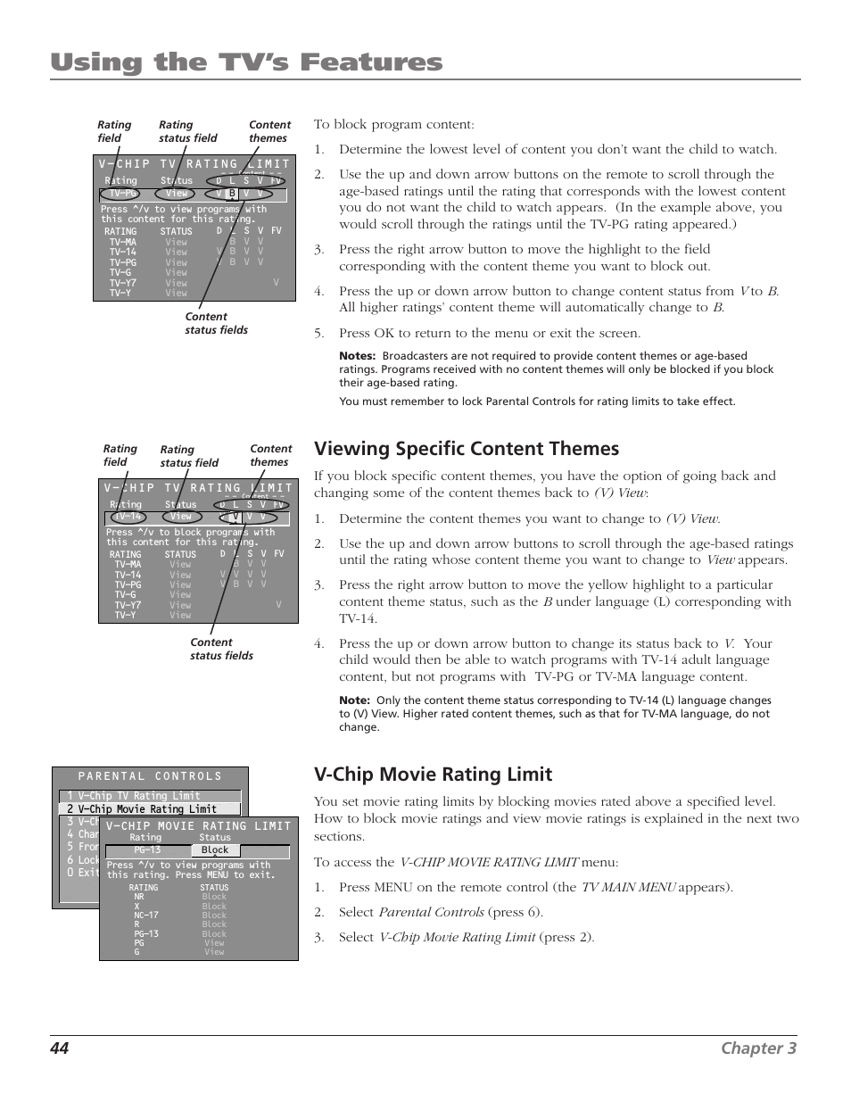 Using the tv’s features, Viewing specific content themes, V-chip movie rating limit | 44 chapter 3 | RCA F27TF720 User Manual | Page 46 / 64