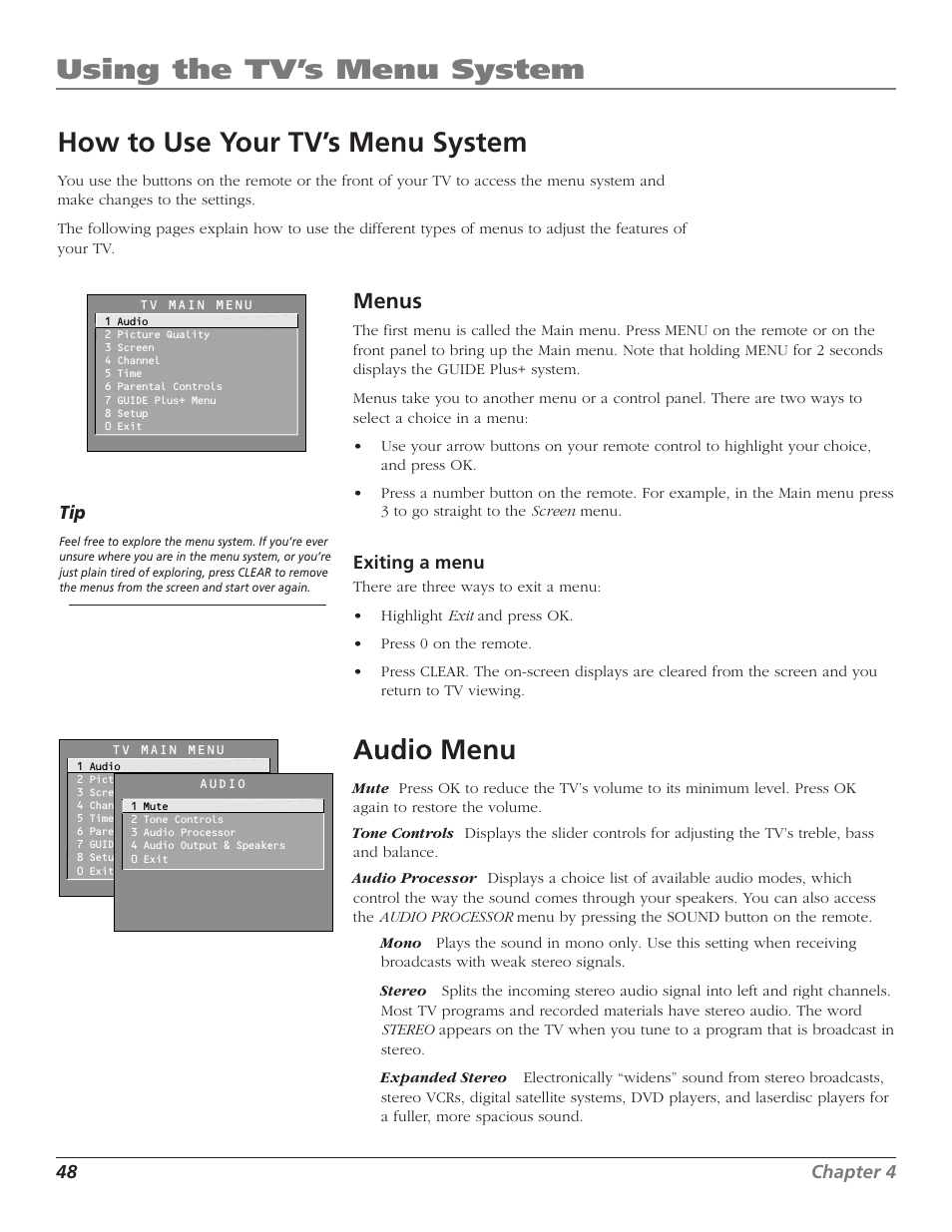 Using the tv’s menu system, How to use your tv’s menu system, Audio menu | Menus | RCA F27TF720 User Manual | Page 50 / 64