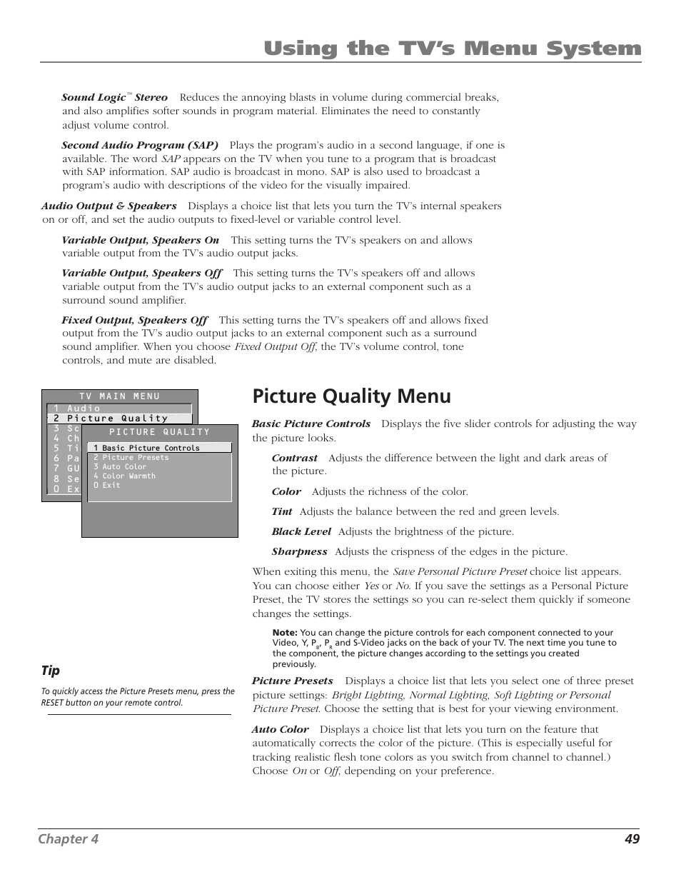 Using the tv’s menu system, Picture quality menu | RCA F27TF720 User Manual | Page 51 / 64