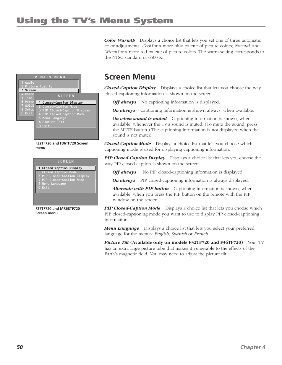 Using the tv’s menu system, Screen menu | RCA F27TF720 User Manual | Page 52 / 64